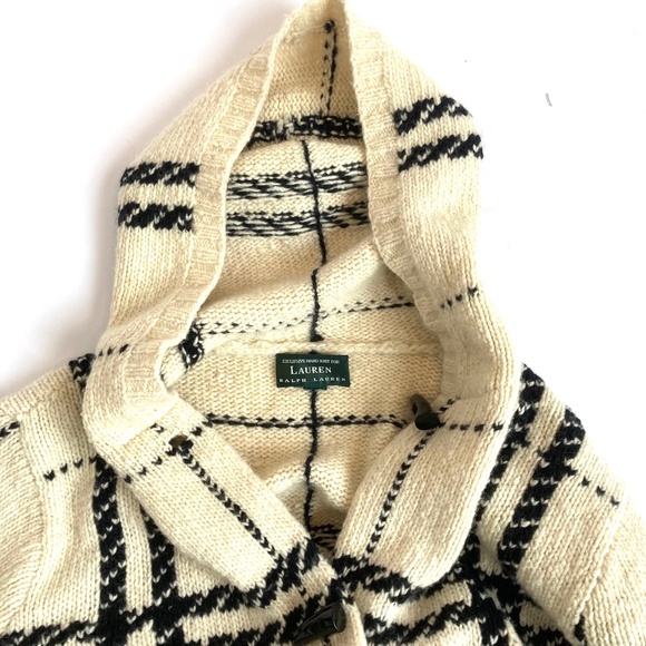 VTG L. RALPH LAUREN Heavy Knit Lambswool Hooded Toggle Tartan Midi-Cardigan Sz L - Picture 10 of 16